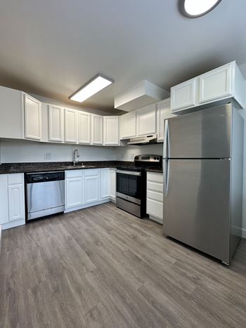 Updated kitchen with vinyl plank flooring and modern finishes